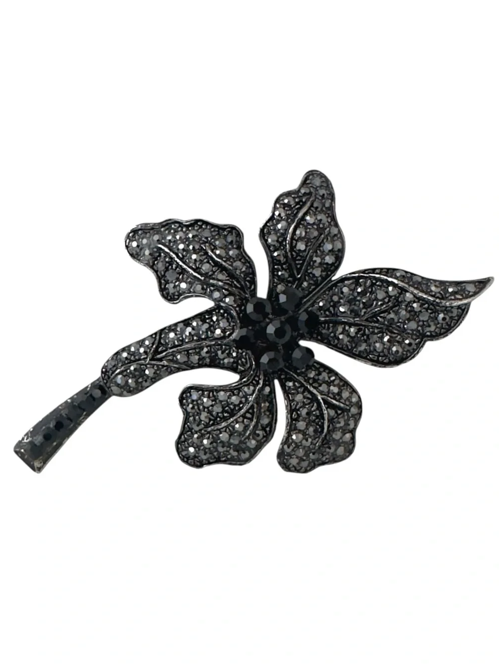 Vintage Black Sparkling Rhinestone Orchid Flower Brooch Pin Jewelry